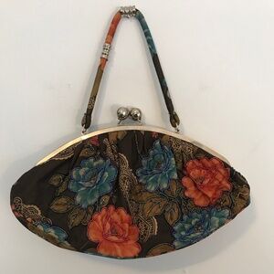 Floral Embroidered Satin Clutch Wristlet - Brown with Blue & Orange Flowers